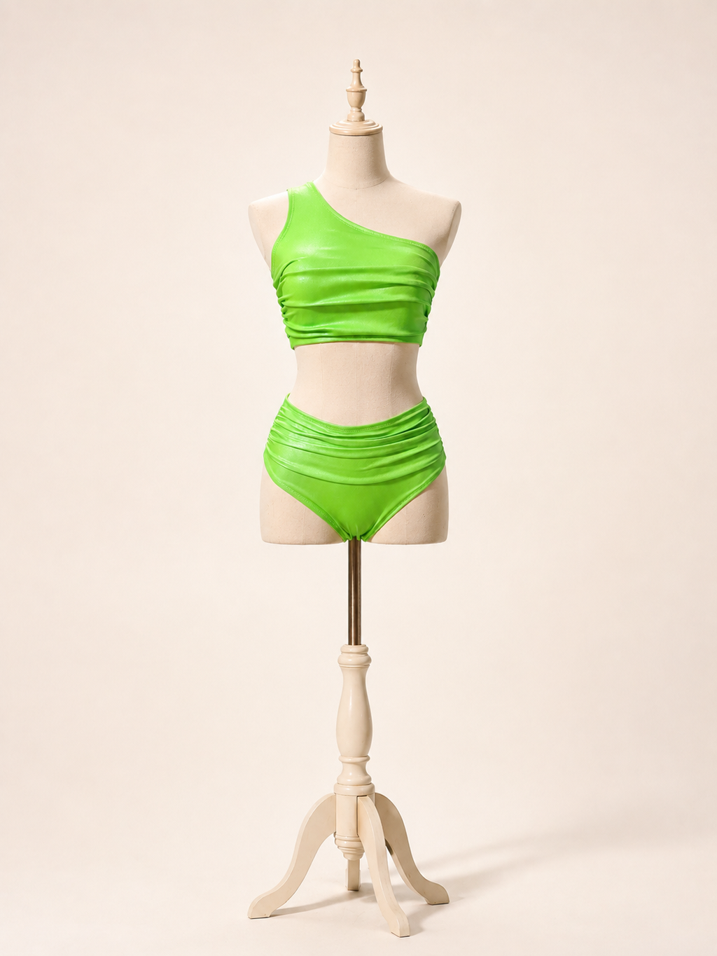Luna Shimmer Set in Lime Glow, front view: one-shoulder ruched crop top and high-waisted bottoms for pole dance