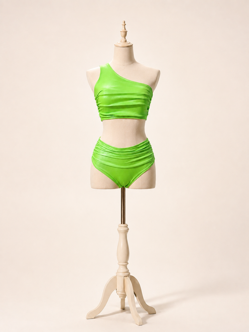 Luna Shimmer Set in Lime Glow, front view: one-shoulder ruched crop top and high-waisted bottoms for pole dance