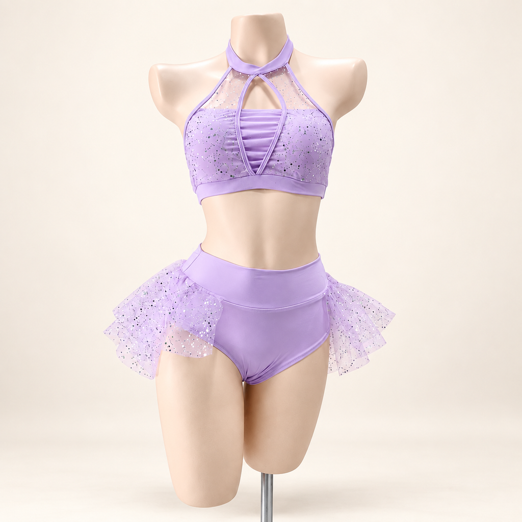 Lilac Stardust Set, front view: lilac halter top with glitter mesh and keyhole neckline, high-waisted bottoms with sparkly tulle ruffles for pole dance