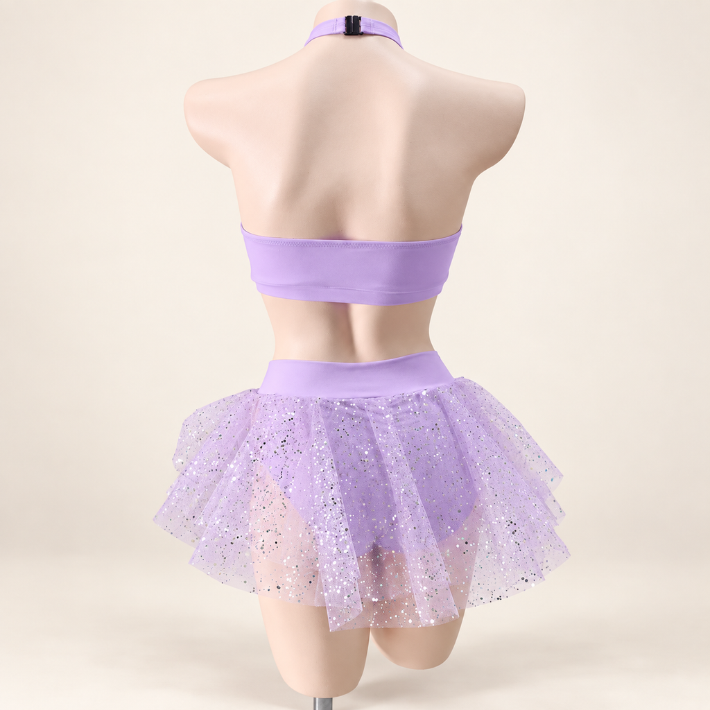 Lilac Stardust Set, back view showing halter clasp and layered glitter tulle skirt