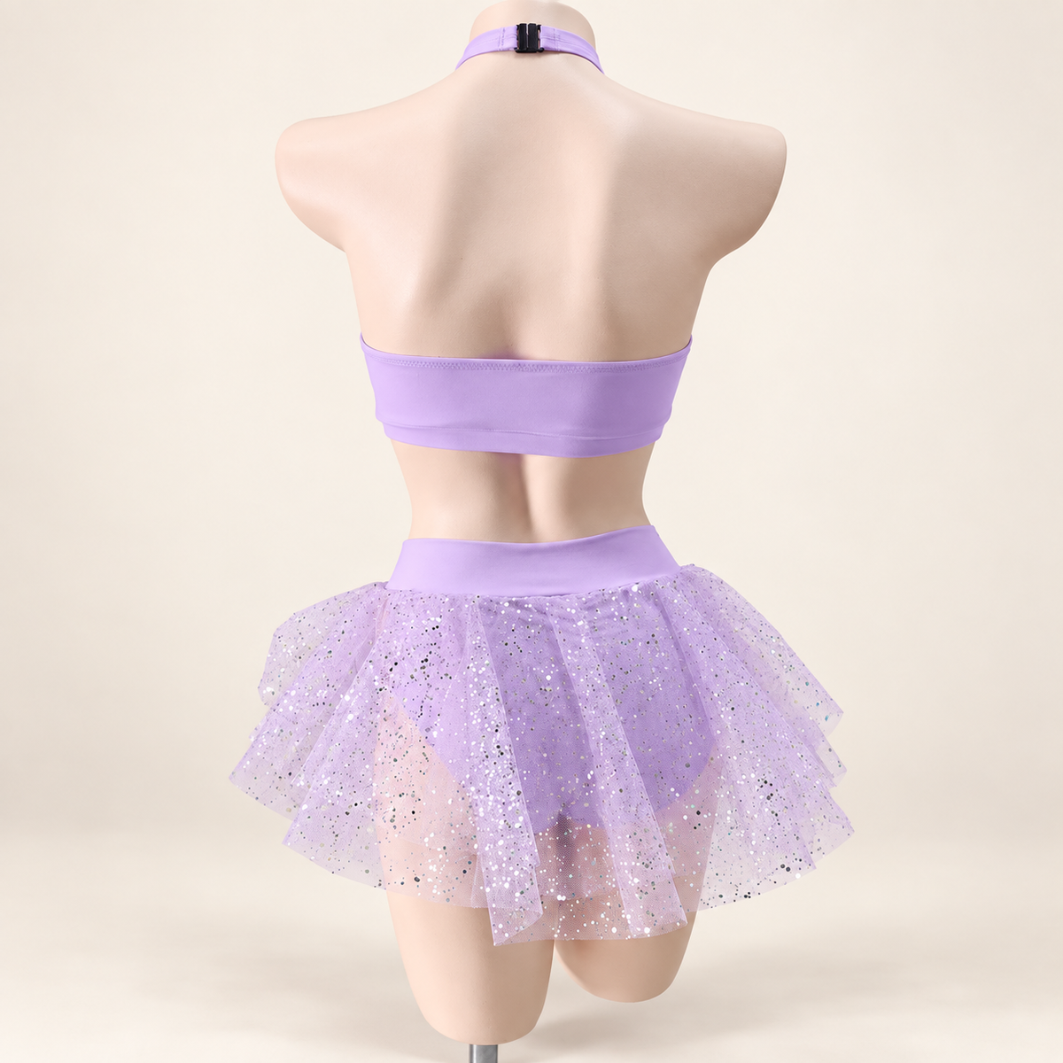 Lilac Stardust Set, back view showing halter clasp and layered glitter tulle skirt