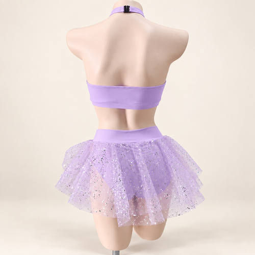 Lilac Stardust Set, back view showing halter clasp and layered glitter tulle skirt