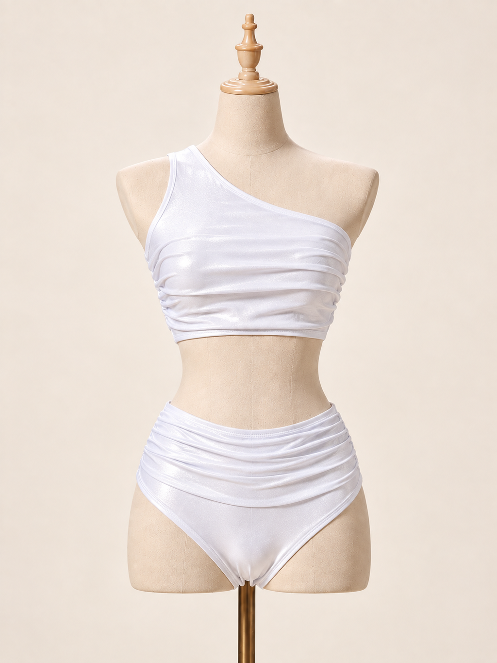 Luna Shimmer Set in Pearl White, front view: one-shoulder ruched crop top and high-waisted bottoms for pole dance